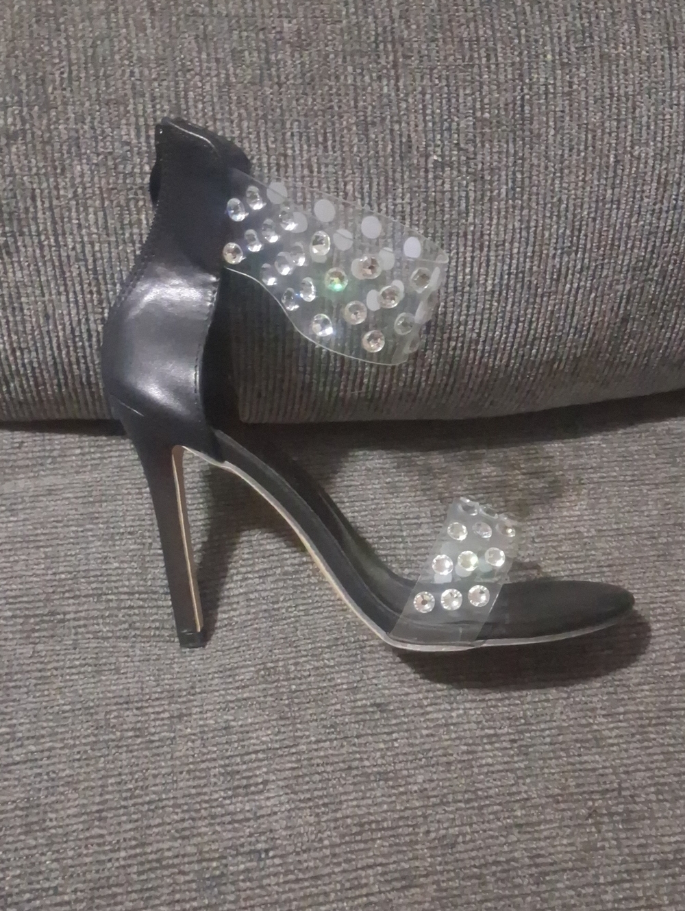 Black Rhinestone Clear-Strap Stiletto Sandals